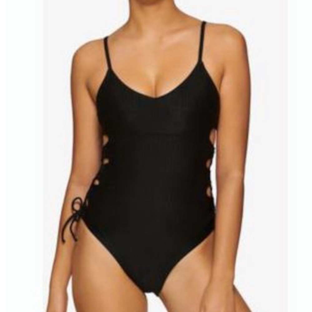 HULA HONEY Women's Black Stretch Deep V Neck Ribbed One Piece Swimsuit